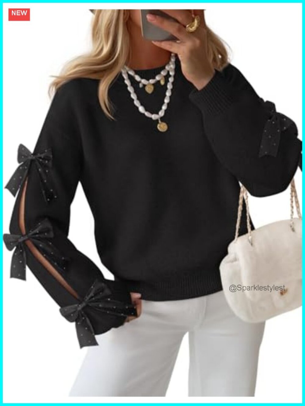 Bow Long Sleeve Oversized Chunky Knit Sweater Crew Neck